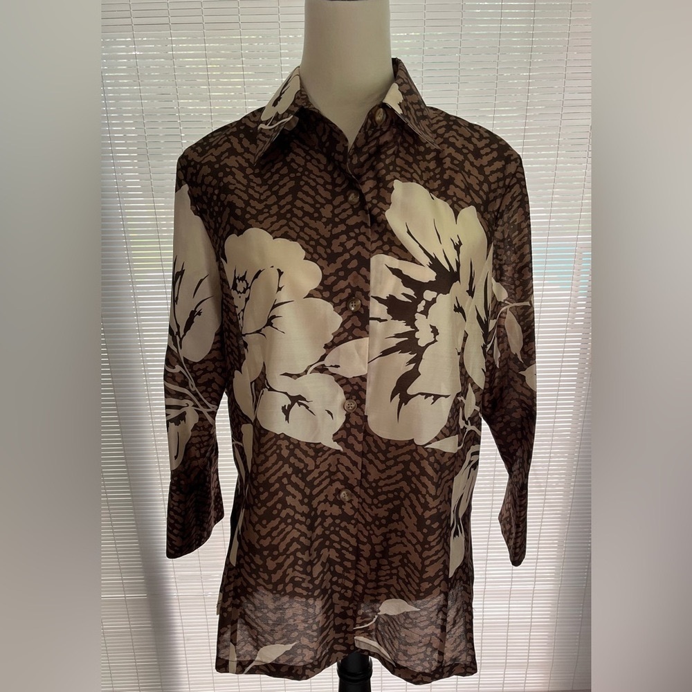 Ellen Tracy Sz 12 Rich Silk 3/4 Blouse Animal Print Shirt Top - Neiman Marcus